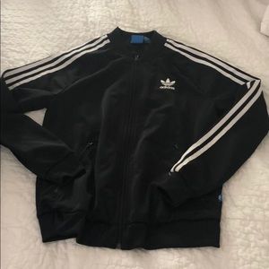 Black Adidas Bomber athletic jacket stripes